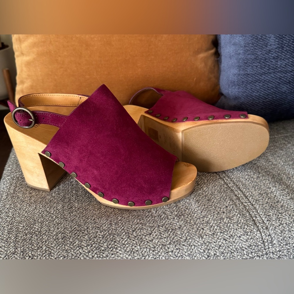 Sézane Dakota High Clogs, New in Burgundy Suede Open-Toe with Wooden Block Heel - Picture 8 of 11